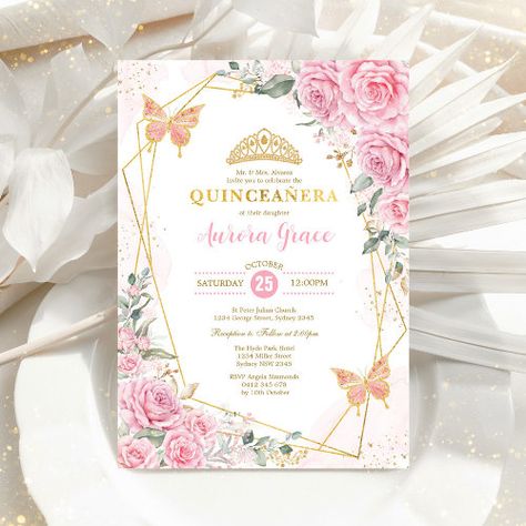 $3.08 | Pink Roses Butterfly Quincea�era Gold Geometric In | Quinceanera Invitations | 15th birthday party, gold crown tiara, quinceañera, mis quince anos, modern geometric frame, sweet 16 sixteen, elegant royal princess, butterflies sparkle confetti, pink blush watercolor flowers, pretty garden floral Roses Butterfly, Geometric Invitations, Quinceanera Pink, Quinceañera Invitation, Quince Invitations, Butterfly Invitations, Fluttering Butterflies, Rose Gold Butterfly, Floral Rosa