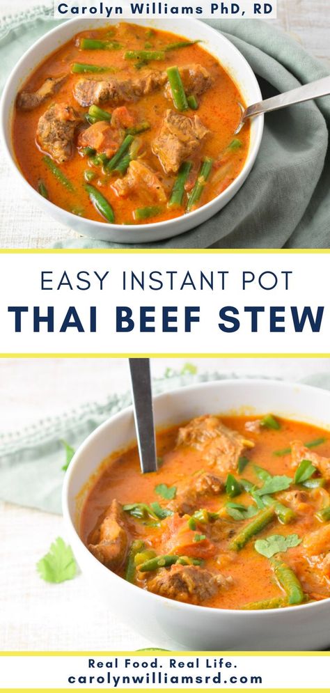 orange-colored soup with beef chunks, green beans, and garnished with cilantro Thai Beef Stew, Thai Beef Curry, Curry Base, Instant Pot Thai, Amanda Nighbert, Beef Recipe Instant Pot, Healthy Instant Pot, Thai Beef, Healthy Beef Recipes