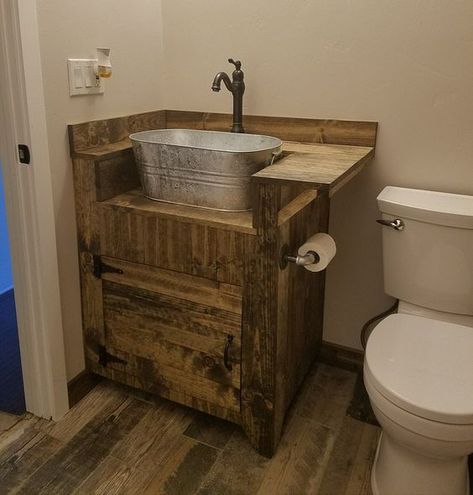 Rustic Sink Ideas Bathroom, Rustic Bathroom Cabinets Diy, Diy Bathroom Vanity Rustic, Bathroom Vanity Cabin, Rustic Bathroom Sink Ideas Diy, Galvanized Bathroom Sink, Rustic Sink Ideas, Garage Sink Ideas, Pallet Bathroom Vanity