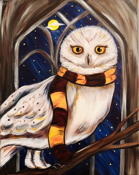 Hedwig Painting Easy, Harry Potter Themed Paintings On Canvas, Small Harry Potter Painting, Harry Potter Acrylic Painting Ideas, Canvas Painting Ideas Harry Potter, Harry Potter Oil Painting, Harry Potter Acrylic Painting Easy, Harry Potter Art Painting Canvases, Harry Potter Painting Ideas On Canvas