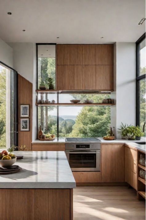 Small kitchen with large windows and natural light Full Window Kitchen, Kitchen Sink Not Under Window, Pnw Kitchen, Kitchen Small Window, Single Wall Kitchen, Kitchen With High Ceilings, Kitchen Oak, Compact Kitchens, Pass Through Window