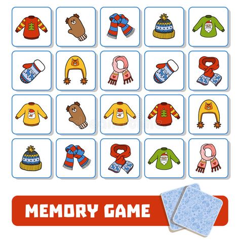 Memory Game for Children, Cards with Winter Accessories Stock Vector - Illustration of preschool, december: 85474699 Winter Memory Game, Objects Illustration, Game For Preschool, Winter Kindergarten, Thema Winter, Game For Children, Winter Preschool, Winter Images, Memory Game