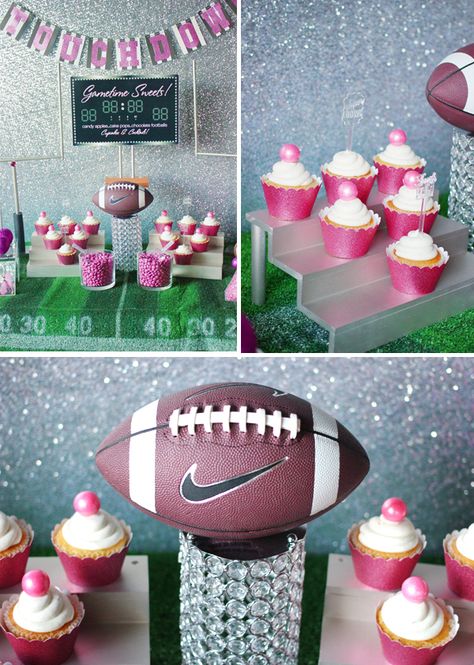 Football Party Desserts, Party Sweets Table, Fantasy Football Party, Football Desserts, Glam Ideas, Football Table, Pink Football, Boy Party Favors, Football Theme Party