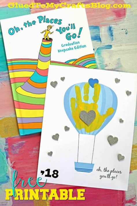 The Places You'll Go - Handprint Keepsake Idea - Handprint Hot Air Balloon - Free Printable Template - Dr Seuss Kid Craft Inspired #gluedtomycrafts Oh The Places Youll Go Craft, Dr Seuss Preschool Activities, Dr Seuss Art, Dr Seuss Preschool, Dr Seuss Classroom, Dr Seuss Activities, Handprint Keepsake, Dr Seuss Crafts, Seuss Classroom