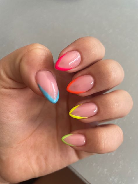 Neon Nails Rainbow, Almond Nails Colorful Tips, Neon Tips Nails, Multi Color French Tip Nails, Neon Rainbow Nails, Colourful Acrylic Nails, June Nails, Neon Green Nails, Yellow Nail Art