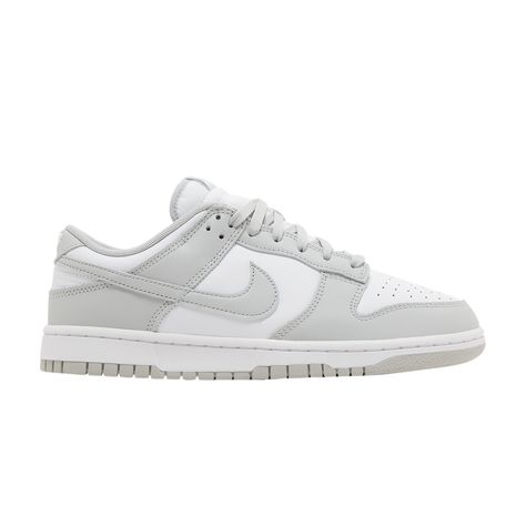 Find NIKE Dunk Low ' Fog on Editorialist. The Nike Dunk Low ‘Grey Fog’ delivers a subtle two-tone colorway of the classic silhouette originally released in 1985 as a college hoops shoe. The all-leather upper is treated to a pristine white base with contrasting overlays in a light grey shade. The same neutral tone is repeated on the Swoosh, laces and woven Nike tongue tag. Additional Nike branding lands on the heel tab and padded sockliner. The low-top rests on a standard rubber cupsole that pairs white sidewalls with a grey rubber outsole. Shoes Dunks Low, Light Grey Dunks, Nike Dunks Grey Fog, Nike Dunks Gray, Nike Dunk Grey Fog, Nike Grey Shoes, Grey Fog Dunks, Gray Dunks, Grey Nike Dunks