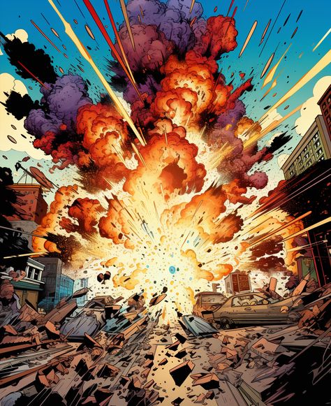 Experimenting with comic book artwork. Trying to nail the explosive energy. Comic Fire Drawing, How To Draw Explosions Manga, Explosion Comic Art, Explosion Effect Drawing, Building Explosion Drawing, Comic Explosion Illustration, Explosion Art Reference, How To Draw An Explosion, Explosion Powers