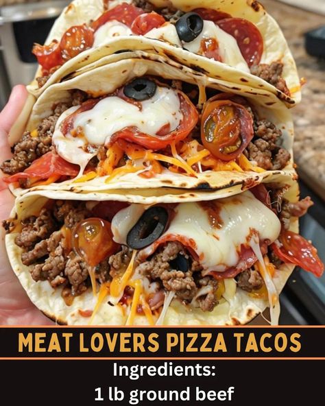 Meat Lovers Pizza Tacos – a delicious fusion of pizza and tacos with layers of seasoned meat, melted cheese, and classic pizza toppings, all nestled in a crispy taco shell. Perfect for a fun and flavorful twist on dinner!" Meat Lovers Pizza Tacos Recipes, Pizza Tacos Recipes, Meat Lovers Pizza Tacos, Taco Pizza Recipes, Pizza Tacos, Baked Meatloaf, Breaded Steak, Mexican Casserole Recipe, Meat Lovers Pizza