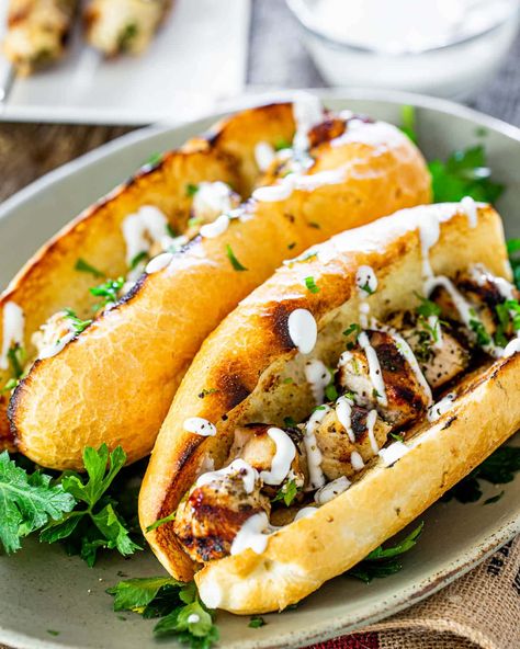 Chicken Spiedies Recipe, American Sandwich Recipes, Chicken Recipes For Family, Chicken Spiedies, Herb Marinade, Italian Rolls, Jo Cooks, Lemon Olive Oil, Chicken Shawarma