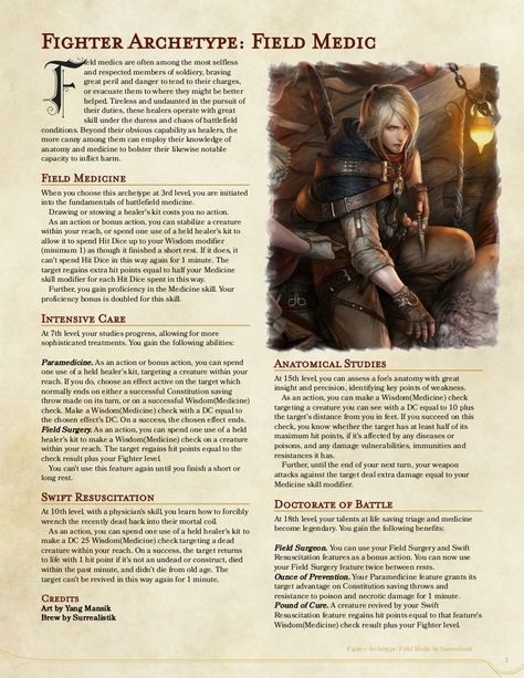 Fighter Archetype 5e, Fighter Archetype, Dnd Subclasses, Homebrew Classes, Field Medic, Dnd Homebrew, D D Classes, Dnd Stories, Dungeon Master's Guide