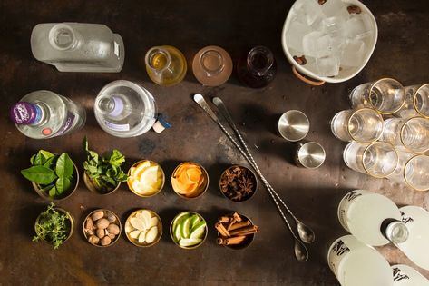 The Pour: A DIY Tonic and Booze Bar | SAVEUR Gin And Tonic Bar Station, Gin And Tonic Bar, Homemade Syrups, Tonic Drink, Diy Cocktails, Lavender Syrup, Homemade Syrup, Gin Bar, Fancy Drinks