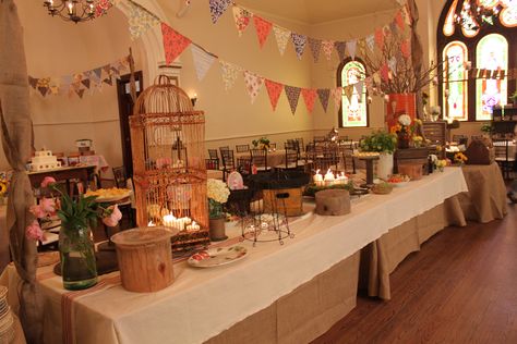 Love the banners, birdcages, wooden crates, & table linens! Potluck Decoration Ideas, Potluck Decor, Potluck Themes, Potluck Dinner Party, Potluck Dinner, Birdcages, Birthday Idea, Wooden Crates, Event Styling