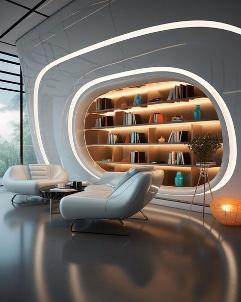 Futuristic Office Interior Design, Hi Tech Interior, Futuristic Office Interior, Luxury Study Room, Home Office Interior Design Ideas, Lotus House, Futuristic Office, Home Office Interior Design, Beautiful Home Office