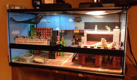 Redecorated my bearded dragons, Peach and Daisy, cage. Increased the size and done in a retro Mario theme. Breaded Dragon, Bearded Dragon Diy, Bearded Dragon Enclosure, Bearded Dragon Cage, Bearded Dragon Habitat, Bearded Dragon Tank, Bearded Dragon Diet, Diy Beard, Baby Bearded Dragon