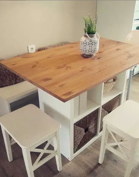 Diy Tiny Kitchen Ideas, Ikea Kallax Dining Table, Kallax Kitchen Table, Ikea Kallax Kitchen Island Hack, Ikea Kitchen Island Hack With Seating, Kitchen Table In Small Space, Small Kitchen Table With Storage, Kallax Dining Table, Diy Kitchen Table With Storage