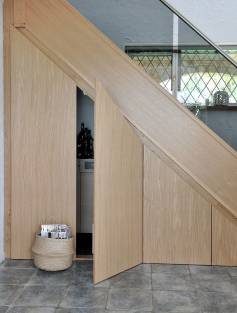 Staircase Storage Design Modern, Garage Stair Storage, Door Under Stairs, Storage Under Staircase, Cabinet Under Stairs, Understair Storage, Under Stair Storage, Under Stairs Storage Solutions, Room Under Stairs