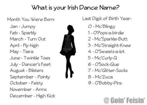 Your Irish dance name Dance Names Ideas, Irish Dancing Aesthetic, Irish Dance Aesthetic, Dance Team Quotes, Irish Dance Exercises, Irish Dance Humor, Funny Dance Quotes, Irish Dance Quotes, Dance Acro