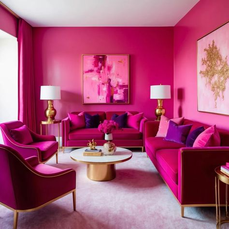 Creating a Dreamy Pink Living Room: 13 Stunning Pink Living Room Ideas - Style Zuri Pink Purple Living Room, Magenta Room, Pink Living Room Ideas, Hot Pink Room, Colorful Rooms, Pink Velvet Sofa, Purple Living Room, Pink Lounge, Pink Living Room