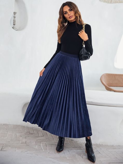 Navy A Line Skirt Outfit, Blue Skirt Winter Outfit, Navy Blue Skirt Outfits Summer, Navy Blue Long Skirt Outfit, Long Navy Skirt Outfit, Long Blue Skirt Outfit, Navy Pleated Skirt Outfit, Navy Blue Pleated Skirt Outfit, Navy Blue Skirt Outfits