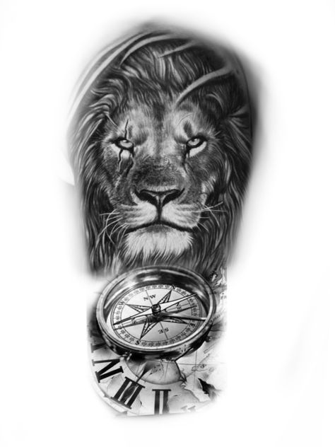 Lion Tattoo With Compass Design, Lion And Compass Tattoo Design, Lion Compass Tattoo Design, Lion With Compass Tattoo, Lion And Compass Tattoo, Lion Compass Tattoo, Family Sleeve Tattoo, Feminine Shoulder Tattoos, Big Cat Tattoo