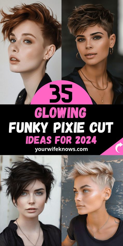 28 Funky Pixie Cut Ideas: A Blend of Edginess and Sophistication - yourwifeknows.com Funky Pixie Cut, Classic Pixie Haircut, Shaved Pixie Cut, Magenta Hair Colors, Bangs Inspiration, Haircut Ideas Trendy, Side Shaved, Cute Pixie Haircuts, Shaved Pixie