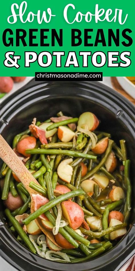 Homemade Green Beans and Potatoes Crock Pot Recipe is the perfect side dish to serve with your holiday meals. Easy to make with simple ingredients. Green beans and potatoes are cooked tender in the slow cooker and seasoned with simple ingredients. #christmasonadime #crockpotgreenbeansandpotatoes #holidaysidedish Crockpot Fresh Green Beans, Crock Pot Green Beans, Potatoes Crock Pot, Beans Recipe Crockpot, Potato Recipes Crockpot, Fresh Green Bean Recipes, Crockpot Green Beans, Crockpot Side Dishes, Slow Cooker Green Beans