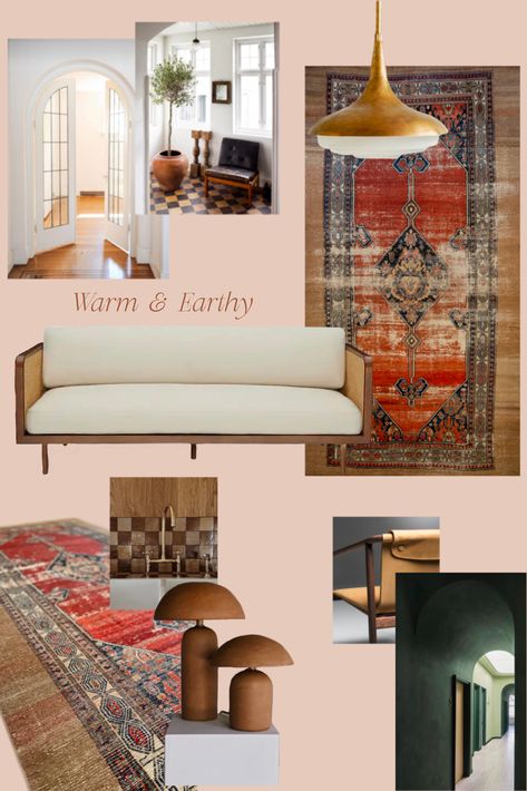 Inviting Interior Design, Modern Organic Interior Design, Organic Interior Design, Rustic Wooden Furniture, Earthy Decor, Design Mood Board, Chic Area Rug, Cozy Couch, Modern Vintage Decor