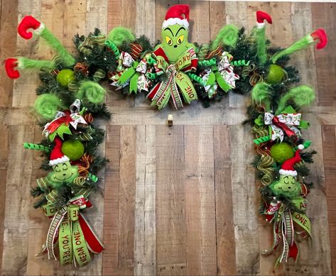 #grinch #grinchchristmas #grinchmas #grinchgarland #garland #lights #dottiebethdesigns #christmas #christmasdecor #doordecor The Grinch Garland, Grinch Garland Ideas, Diy Grinch Garland, Grinch Front Porch Decorations, Grinch Porch Decor, Grinch Garland Diy, Grinch Wreath Ideas, Diy Grinch Wreath, Whoville Theme