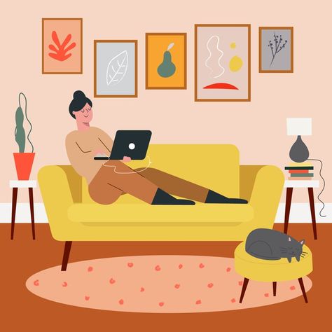 Telecommuting illustration | Free Vector #Freepik #freevector #business #home #work #meeting Work From Home Illustration, Working Illustration, Woman With Laptop, Spot Illustration, Home Illustration, Deer Illustration, Work Meeting, Motion Design Animation, Home Work