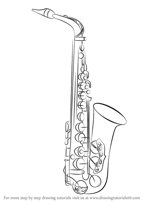 Learn How to Draw a Saxophone (Musical Instruments) Step by Step : Drawing Tutorials Saxophone Tattoo, Music Notes Drawing, Notes Drawing, Saxophone Art, Guitar Drawing, Jazz Art, Coloring Pages Printable, Drawing Images, Learn How To Draw