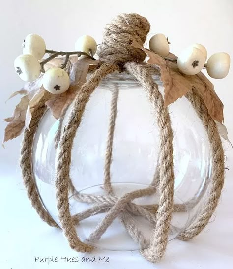 DIY Rope Ribbed Glass Pumpkin | Hometalk Fall Pillows Diy, Decorating With Pumpkins, Glass Fish Bowl, Decorative Pumpkins, Fall Pumpkin Crafts, Fall Decor Diy Crafts, Fall Decor Dollar Tree, Fall Deco, Pumpkin Centerpieces