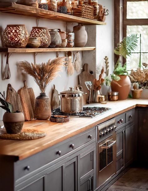 Kitchen Styling Countertops, Colorful Eclectic Kitchen, Bohemian Light Fixtures, Office Bedroom Ideas, Hippie Kitchen, White Oak Kitchen Cabinets, Bohemian Style Kitchen, 70s Living Room, Hanging Drapes