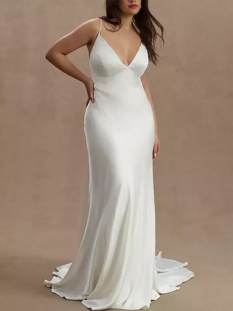 Plus-size satin wedding reception dress from Jenny by Jenny Yoo Jenny Yoo Marnie, Anthropologie Wedding Dress, Jenny By Jenny Yoo, Bhldn Wedding Dress, Courthouse Wedding Dress, Satin Wedding Gown, Anthropologie Wedding, Bias Cut Skirt, Wedding Reception Dress