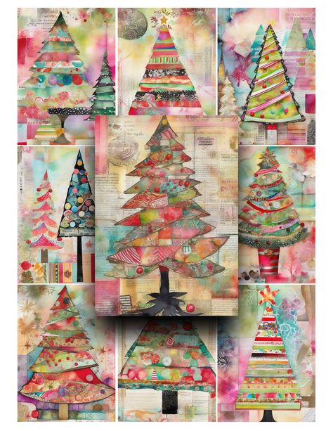 Christmas Tree Collages A set of 9 images to use in your artwork.  These images measure approximately 2.5x3.5 inches each for use in many different art projects.  Just print out on plain paper or cardstock ♥ 9 images included on 1 sheet of paper ♥ Instant download ♥ 300 dpi ♥ Each image measures 2.5x3.5 inches ♥ No watermark on your download Feel free to use these images in all of your personal or commercial art projects.   Happy Creating! Please understand that since this is a digital product, Collage Christmas Tree, Winter Mixed Media Art, Mixed Media Christmas Art, Painting Poinsettias, Christmas Tree Painting Ideas, Christmas Collage Art, Christmas Art Projects For Elementary, Christmas Watercolours, Xmas Collage