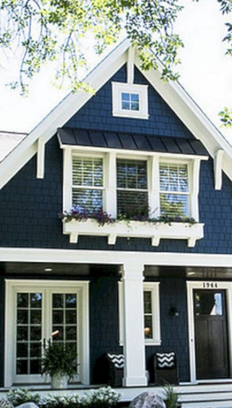 Navy Blue House Exterior, Blue House White Trim, Blue Siding House, Navy House Exterior, Front View Of House, Dark Blue House Exterior, Trailer Exterior, Navy Blue Houses, Dark Blue Houses