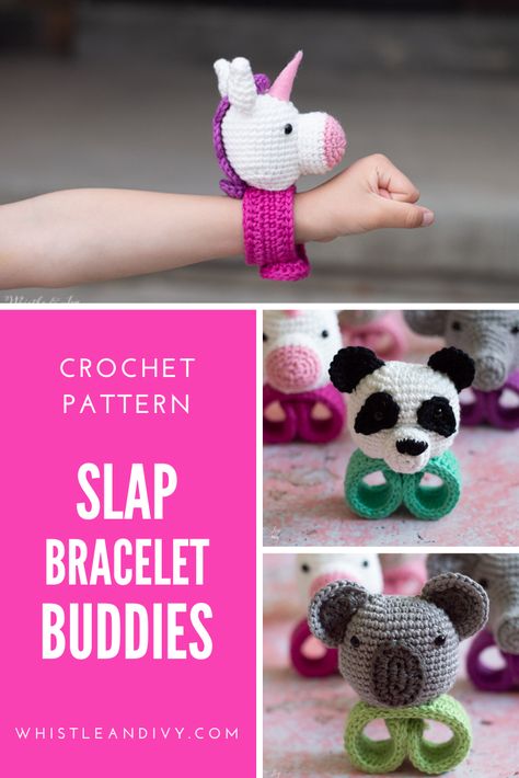 These cute little crochet buddies are made with slap bracelets! Wear on the wrist, on bike handles, on backpacks, or anywhere else they can be slapped. FREE pattern includes the darling unicorn! Download PDF is available and includes Panda, Koala, Elephant and Cat. #crochetanimals #crochetbracelet #crochetforkids #Crochettoys #whistleandivy #crochetamigurumi #funcrochet #cutecrochetideas #crochetgiftsforkids Backpack Buddies Crochet, Crochet Snap Bracelet, Crochet Slap Bracelet Pattern Free, Free Crochet Fidget Pattern, Crochet Slap Bracelet, Crochet Slap Bracelet Pattern, Crochet Fidget Toys Free Pattern, Crochet Buddies, Ivy Crochet