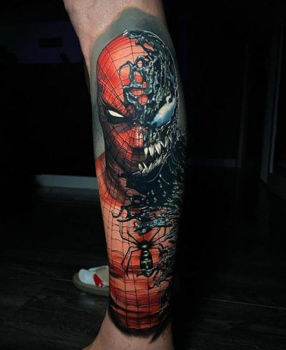 Top 19 Spider Man Tattoo Ideas: Unleash Your Spidey Senses! Marvel Tattoo Sleeve, Leg Tattoos For Men, Venom Tattoo, Meaningful Tattoos For Men, Comic Book Tattoo, Spiderman Tattoo, Marvel Tattoos, Tattoo Inspiration Men, Skeleton Hand Tattoo