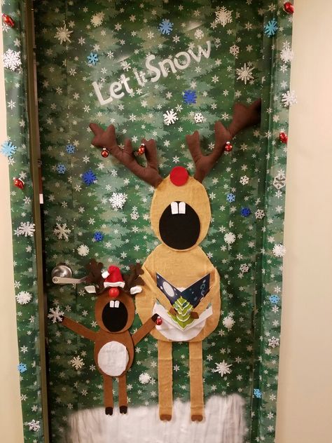 Reindeer Office Door Decorations, Let It Snow Classroom Door, How To Decorate Your Door For Christmas, Christmas Door Decorations Office, Reindeer Door Decoration For Classroom, Door Decorations Office, Reindeer Door Decoration, Christmas Classroom Door Ideas, Christmas Door Contest