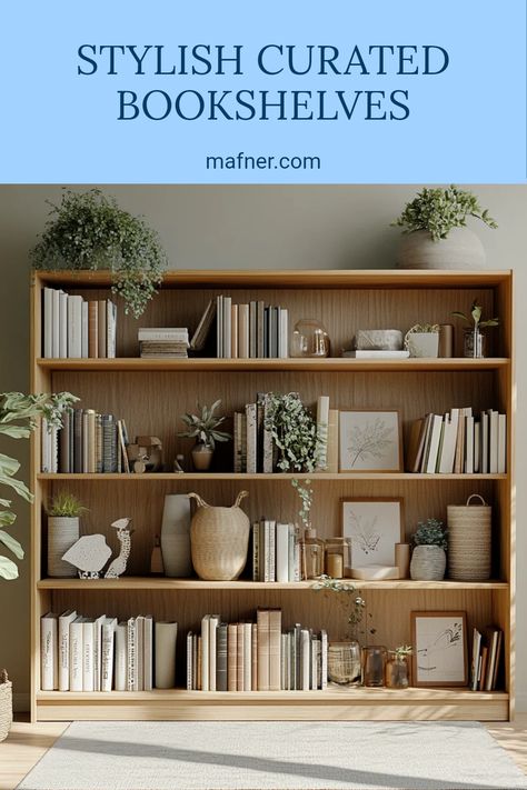 Discover stylish curated bookshelves that enhance home decor. This pin presents fresh ideas to showcase your favorite books beautifully and adds elegance to any room. What To Put On Bookshelves, Color Coordinated Bookshelf, How To Style Bookshelves, Bookcase Styling With Books, Curated Bookshelves, Modern Bookshelf Styling, Bookshelf Decorating Ideas, Bookshelf Aesthetic, Organizing Books