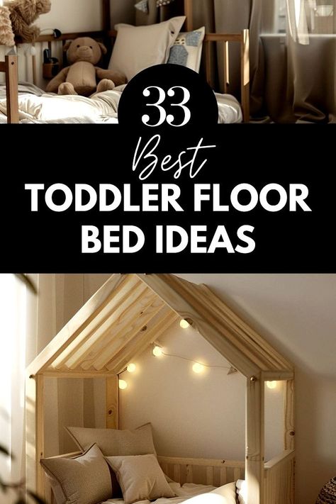 Discover innovative toddler floor bed ideas perfect for small spaces. Explore designs like Montessori floor beds, floor beds with rails, and toddler floor bed frames. Ideal for creating a cozy Montessori toddler room. Save to your Kids' Room Inspiration board and visit the article for more ideas. House Beds For Kids Diy, Toddler Floor Bed Ideas, Toddlers Room Ideas, Small Toddler Bed, Toddler House Bed Plans, Floor Bed Ideas, Baby Floor Bed, Toddler Floor Bed Frame, Montessori Toddler Room