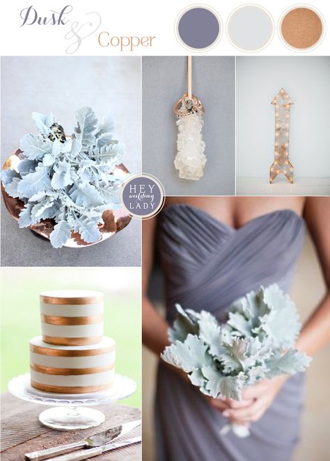 Dusk and Copper - Modern Metallic Wedding Inspiration with Slate and Dusty Miller | See More: http://heyweddinglady.com/dusk-and-copper-modern-metallic-wedding-inspiration/ Dusk Wedding, Wedding Color Scheme, Metallic Wedding, Copper Wedding, Wedding Color Inspiration, Dusty Miller, Wedding Palette, Wedding Theme Colors, Bohol