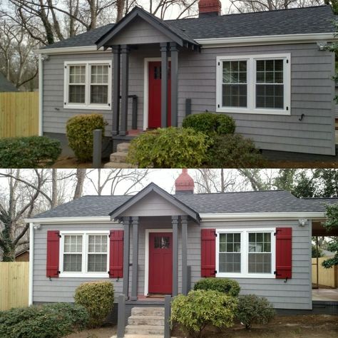 Before and After: Board and Batten Exterior Shutters Isn't the red perfect for this adorable home? We love the way this turned out! Gray House With Red Shutters, Shutters Before And After, Exterior Shutters Ideas, Exterior Farmhouse, Farmhouse Style Exterior, Red Shutters, Exterior Door Designs, Board And Batten Exterior, Board Batten