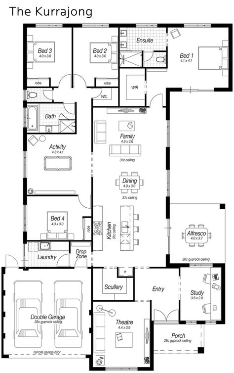 Oooo this is a goodie today. A big house, but still a really good plan. I love a u-shaped house… I always imagine a pool and outdoor area fit for a king in all of that enclosed space. I wouldn’t need to change anything in this house. It’s got a formal lounge, theatre room plus an activity area. There’s also a computer nook tucked away. The triple car garage is perfect and the 5th bedroom really makes this a spacious home. You’d need a large block for this house, or even a corner block because... Large Scullery, U Shaped House Plans, U Shaped Houses, Friday Post, 5 Bedroom House Plans, Pool House Plans, Kitchen Large, Kitchen Floor Plans, Home Design Floor Plans