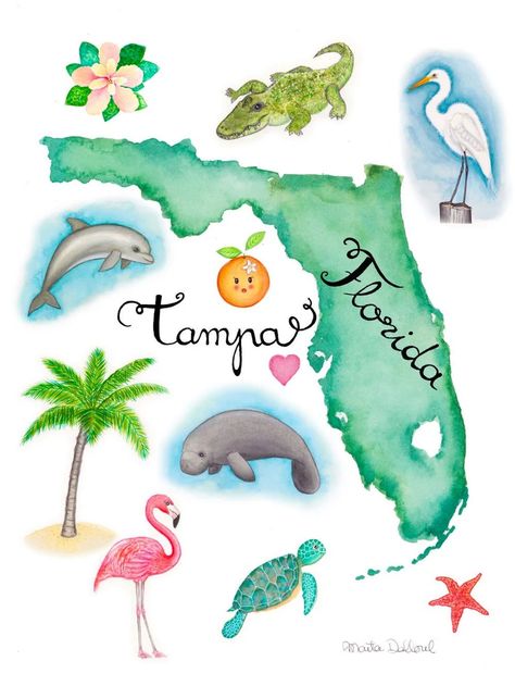 Florida Painting Ideas Easy, Florida Painted Rocks, Tropical Beach Decor, Florida Doodles, Florida Themed Party, Florida Clipart, Florida Themed Tattoos, Florida Drawing, Florida Illustration