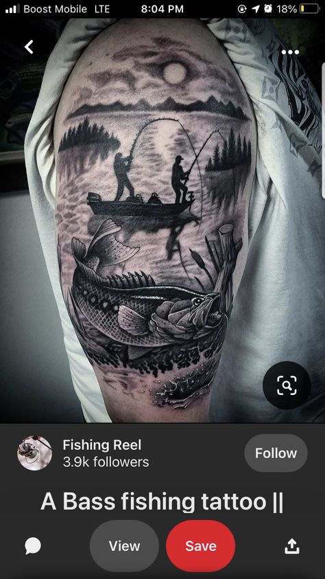 Bass Fishing Tattoos, Fisherman Tattoo, Bass Fishing Tattoo, Fishing Tattoos, Fly Fishing Tattoo, Fishing Tattoo, Boat Tattoo, Hunting Tattoos, Nature Tattoo Sleeve