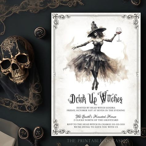 Drink up Witches Halloween Invite, Editable Halloween Invitation Template , Printable Skeleton Witch Invitation, Adult Halloween Party W3 - Etsy Drink Up Witches Party, Witch Theme Halloween Party, Witch Party Ideas For Adults, Halloween Birthday Party For Adults, Witch Invitations, Coven Party, Witch Themed Party, Spooky Typography, Witch Birthday Party