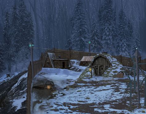 Fantasy Campsite, Fantasy Campsite Concept Art, Camping Concept Art, Nuclear Winter Post Apocalyptic, Snowy Post Apocalypse, Post Apocalyptic, Art Challenge, Sci Fi, Forest