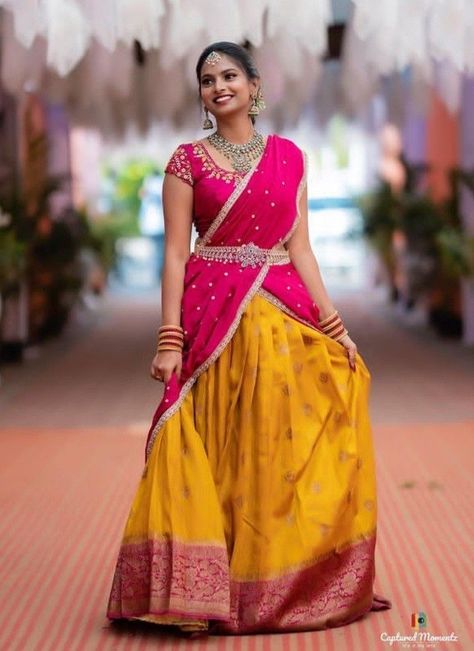 Frock Design For Stitching, Onam Outfits, Haldi Outfits, Simple Frock Design, Long Frock Designs, Saree Wearing Styles, Simple Lehenga, Half Saree Lehenga, Mehendi Outfits