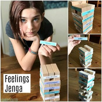 This Jenga Feelings game is a great way to encourage talking about emotions and experiences. Feelings Jenga, Babysitting Kit, Feelings Games, Calm Down Kit, Jenga Game, Therapy Games, Minute To Win It Games, Family Fun Night, Kids Talking