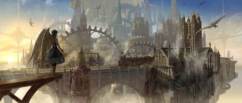 Clockpunk Aesthetic, Steampunk City, Steampunk Artwork, Steampunk Aesthetic, Landscape Concept, Image Painting, Fantasy City, Aesthetic Desktop Wallpaper, Steampunk Art